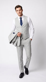 Men’s Silver & Navy Blue 3-Piece Suit – Wedding, Business and Formal Suit with Free Matching Tie