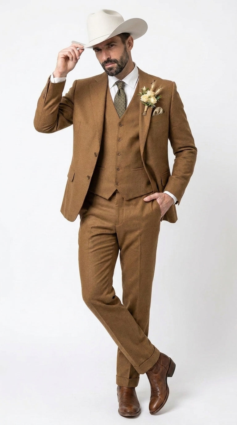 Men’s Tan Groom Outfit Country Wedding 3 Piece Suit Khaki Camel Color Modern Fit
