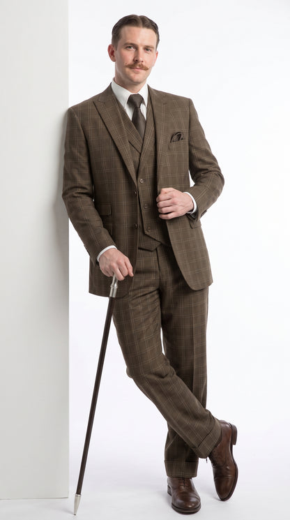 Men’s Edwardian Brown Plaid 3-Piece Suit – Vintage Double-Breasted Vest Wedding and Formal Suit Modern Fit