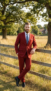 Men’s Red Pinstripe Suit – Stripe Two-Button Vested Suit 2 Buttons