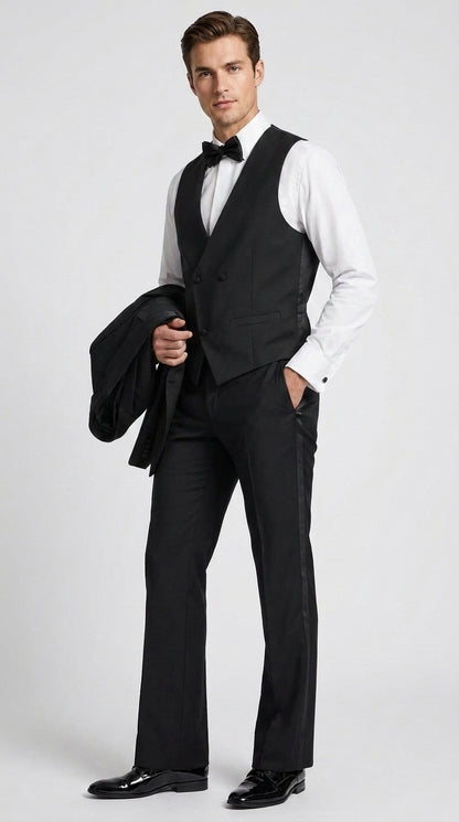 Men’s Black Boot Cut 3-Piece Tuxedo Suit – Peak Lapel Wedding, Prom and Formal Suit 1970s Style
