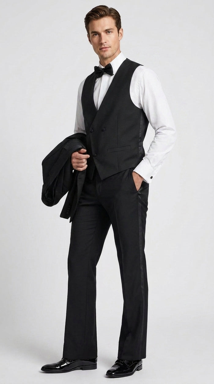 Men’s Black Boot Cut 3-Piece Tuxedo Suit – Peak Lapel Wedding, Prom and Formal Suit 1970s Style