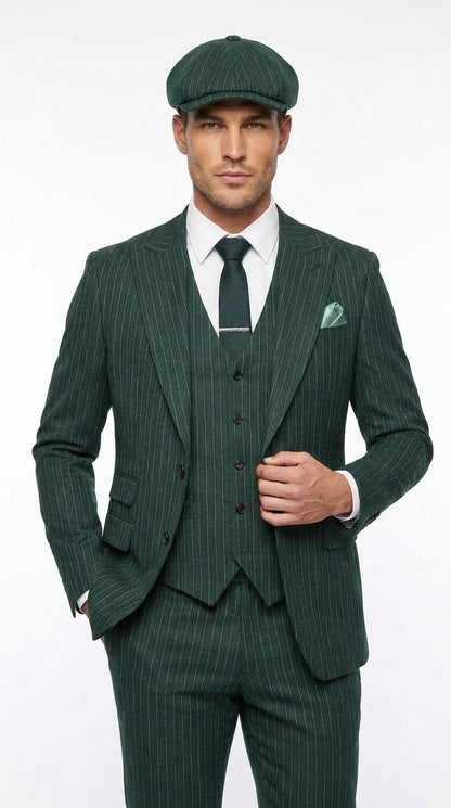 Men’s Hunter Green Pinstripe 3-Piece Suit – Vintage Wedding, Prom and Formal Suit with Matching Vest Modern Fit