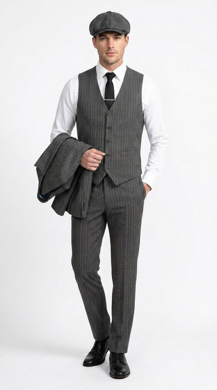 Men’s Thomas Shelby Peaky Blinders Gray Wool Suit Out fit Charcoal Grey Pinstripe 3-Piece  Vintage 1920s Suit  Modern Fit