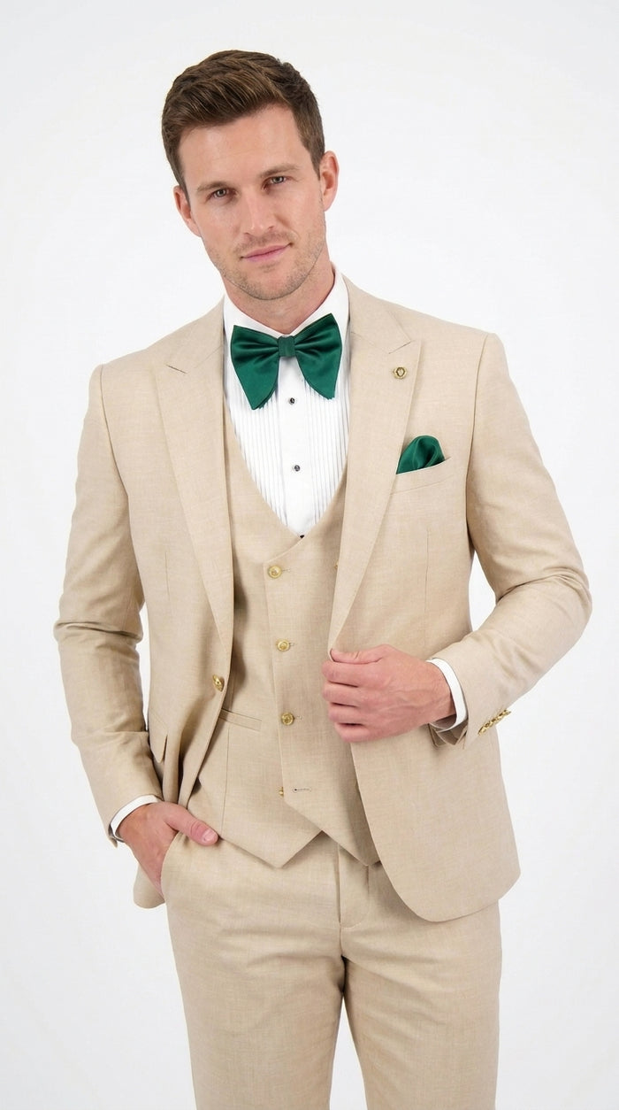 Men’s Khaki Tan 3-Piece Groomsmen Suit – Wedding Suit with Double-Breasted Vest and Pants Great Gatsby Style Gold buttons Modern Fit
