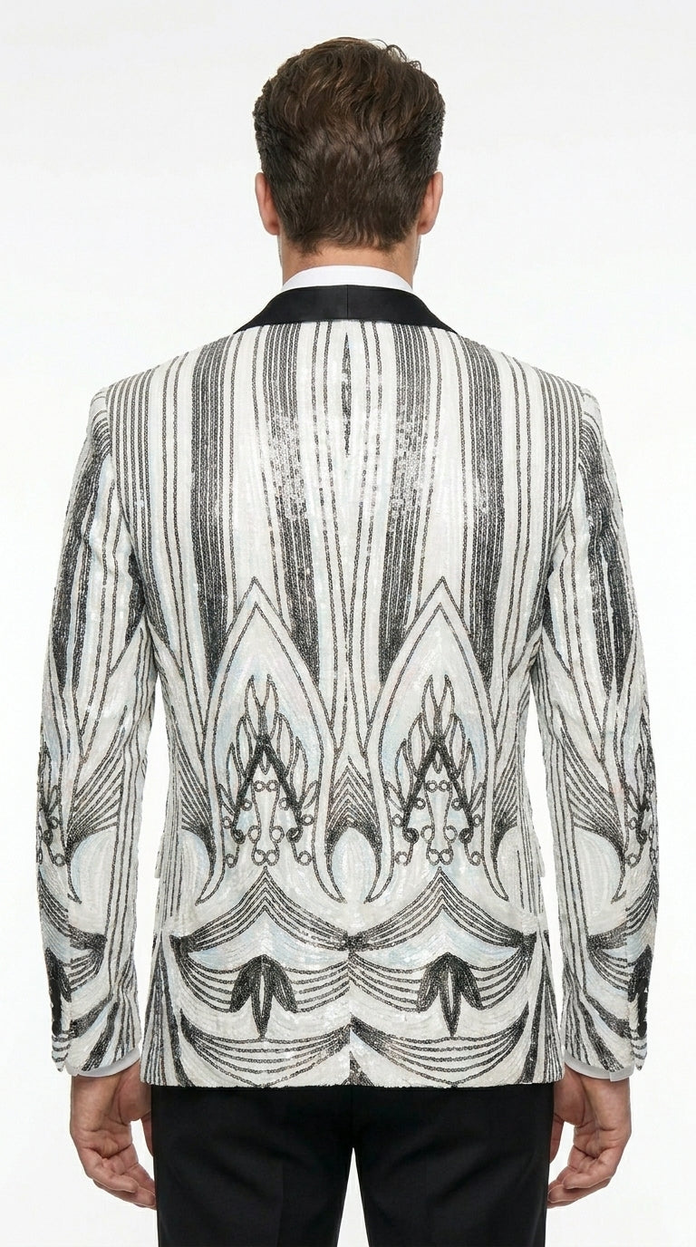 Men’s White and Black Patterned Tuxedo Blazer – Luxury Designer Dinner Jacket for Wedding, Prom and Formal Events New Year Christmas Holiday