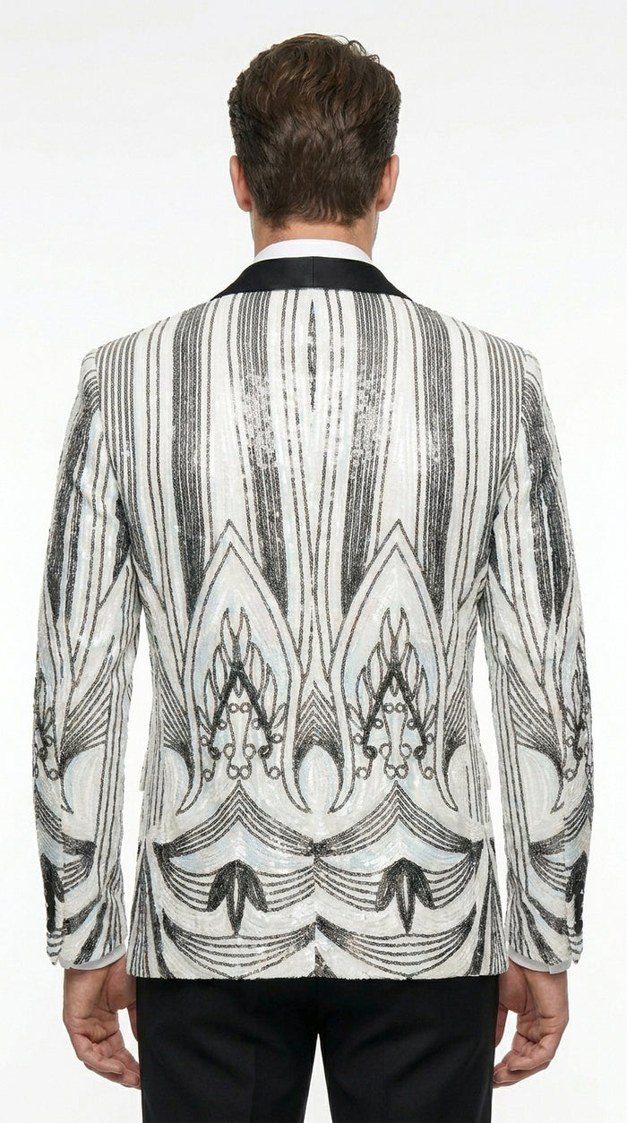 Men’s White and Black Patterned Tuxedo Blazer – Luxury Designer Dinner Jacket for Wedding, Prom and Formal Events New Year Christmas Holiday