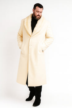 Men’s Ivory Full-Length Overcoat with Luxurious Faux Fur Shawl Collar – Winter Dress Coat