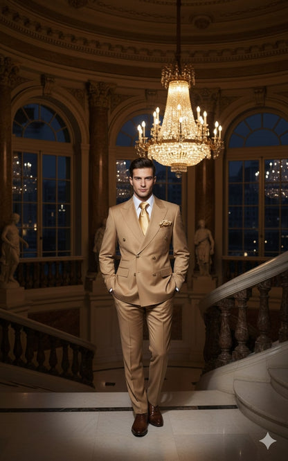 Mens Camel - Bronze - Goldish khaki Double-Breasted Suit – Luxury 2-Piece Formal Set with Gold Buttons and Peak Lapels by Rossi Man - Image 5