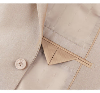 Mens Basic Two Button Slim Fit Suit with Optional Vest in Shiny Champagne Tan Sharkskin