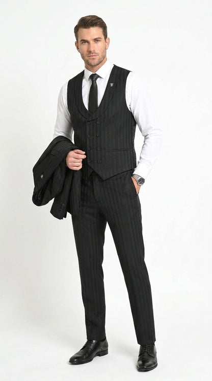 Men’s Black Tonal Shadow Pinstripe Vested Suit – 3 Piece Classic Fit Formal Wedding & Business Suit By Vitali