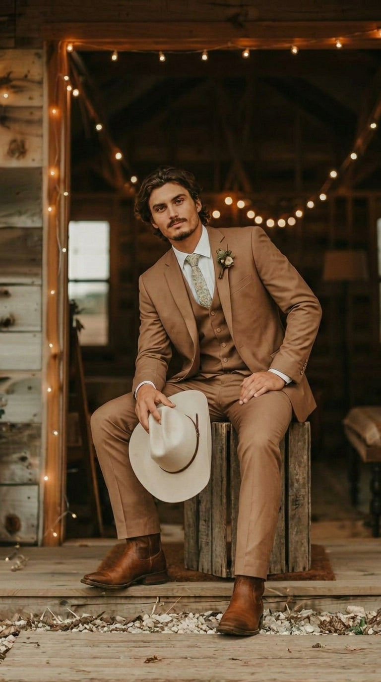 Mens Camel Brown Copper Western 3 Piece Suit – Classic Country Style Blazer Vest Pants Set, Formal Cowboy Suit Outfit