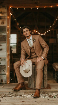 Mens Camel Brown Copper Western 3 Piece Suit – Classic Country Style Blazer Vest Pants Set, Formal Cowboy Suit Outfit