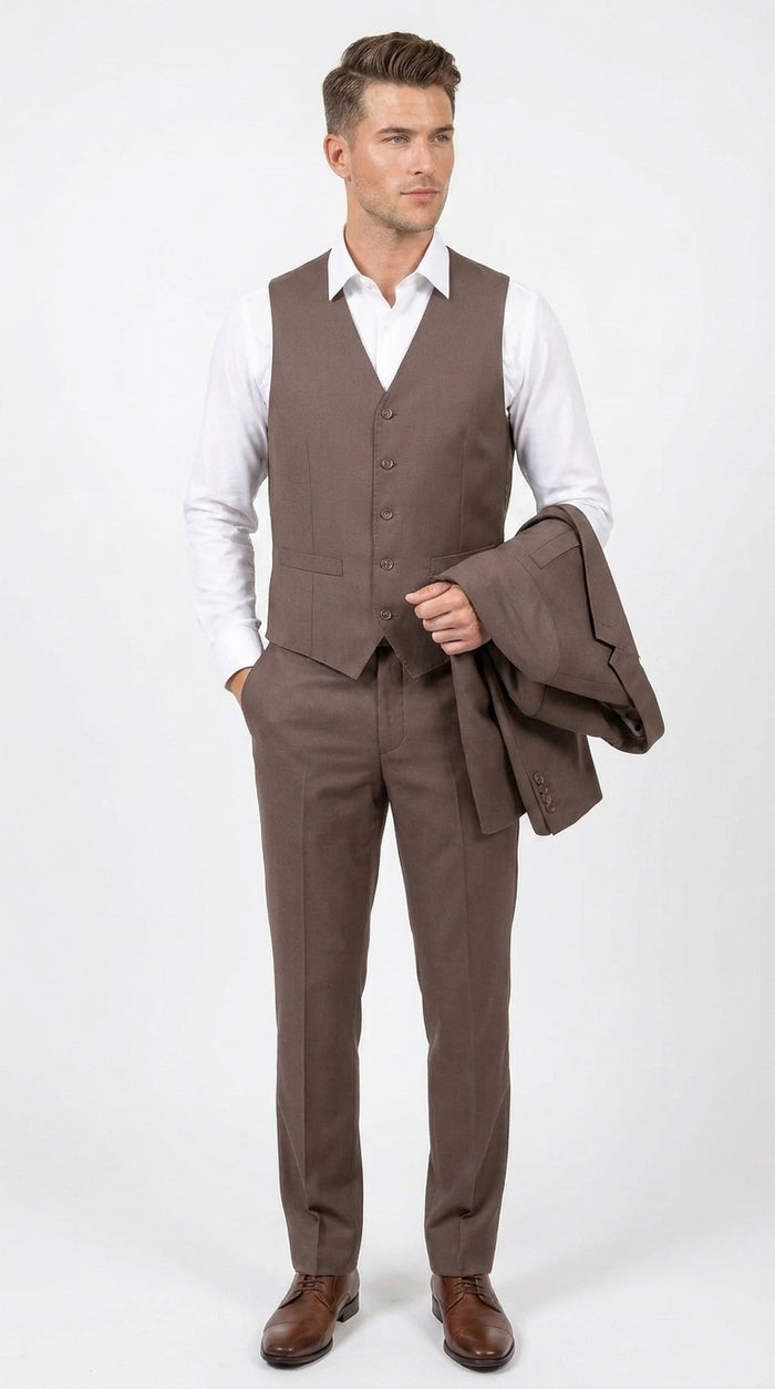 Men’s Zagarie Brand Light Brown Mocha 3-Piece Wool Suit – Modern Wedding, Business and Formal Suit with Pick Stitching Modern Fit