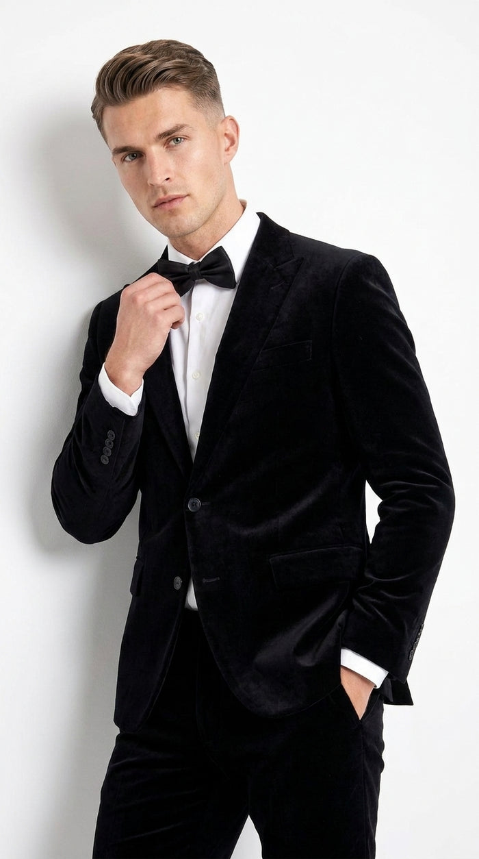 Men’s Black Velvet 2-Piece Suit – Notch Lapel Wedding, Prom and Formal Evening Suit Modern Fit
