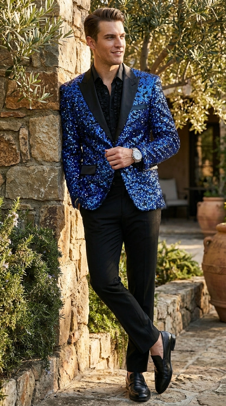 Men’s Blue Sequin Sparkle Blazer Jacket with Black Satin Lapel, Party Prom Wedding Dinner Coat