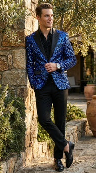 Men’s Blue Sequin Sparkle Blazer Jacket with Black Satin Lapel, Party Prom Wedding Dinner Coat