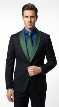 Men’s Black Suit with Hunter Green Shawl Lapel – Black and Hunter Green Formal Tuxedo Suit for Wedding, Prom With Bow Tie
