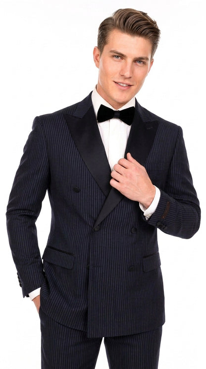 Men’s Navy Blue Double-Breasted Tuxedo – Tone-on-Tone Shadow Pinstripe Formal Wedding and Prom Suit