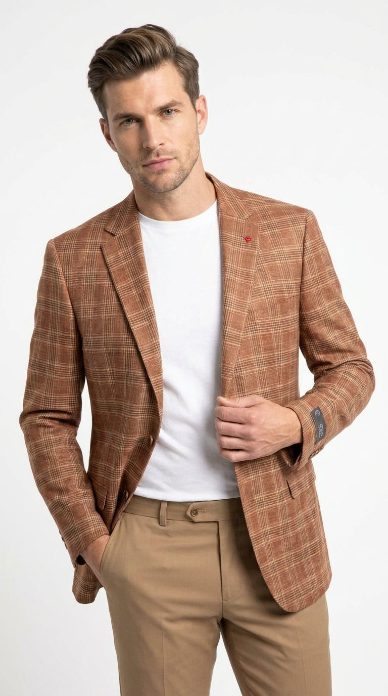Vitali Men’s Rust Copper Brown Plaid Blazer with Tan Pants – Classic Windowpane, Business and Smart-Casual Birck color  Suit