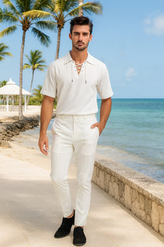 Men’s White Lace-Up Renaissance Shirt – Linen Fabric Short Sleeve Casual Pirate Peasant Top