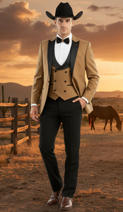 Men’s Western Cowboy Tuxedo – Tan and Black 3-Piece Suit with Satin Lapel and Vest in Mocca Coffee Color