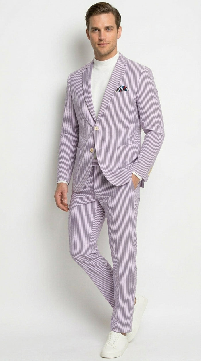 Men’s Lavender Seersucker 2 Piece Suit, Lightweight Summer Blazer and Pants Set for Weddings, Parties, Prom, and summer fabric