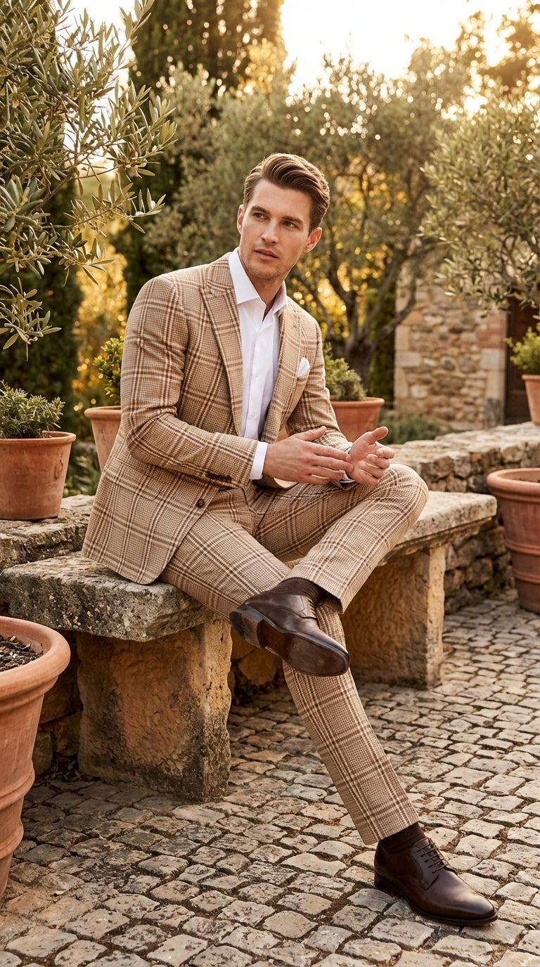 Beige Tan Plaid windowpane Two Piece Suit for Men | Classic Checkered Formal Suit with Jacket and Pants by Rossiman - Image 5