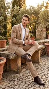 Beige Tan Plaid windowpane Two Piece Suit for Men | Classic Checkered Formal Suit with Jacket and Pants by Rossiman