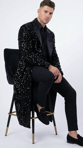 Men’s Black Sequin Long Coat with Satin Shawl Lapel – Luxury Statement Evening Overcoat