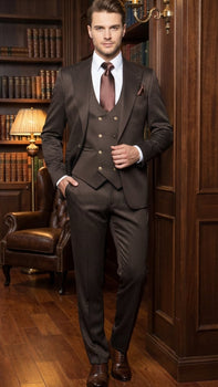 Men’s Chocolate Brown Textured 3-Piece Suit – Luxury Double-Breasted Vest Formal Set