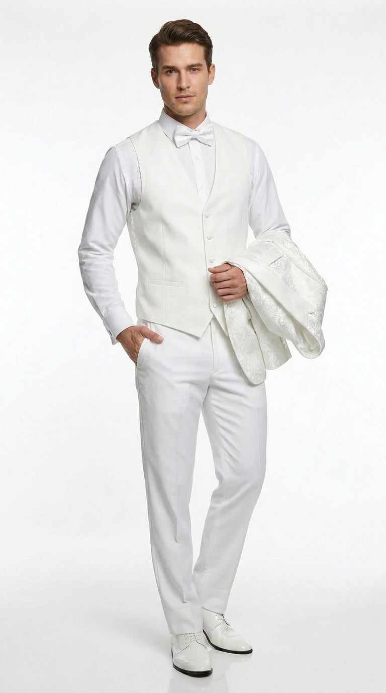 Men’s White Paisley Wedding Tuxedo with Groom Suit Jacket, Vest and Pants, Formal Dress Suit