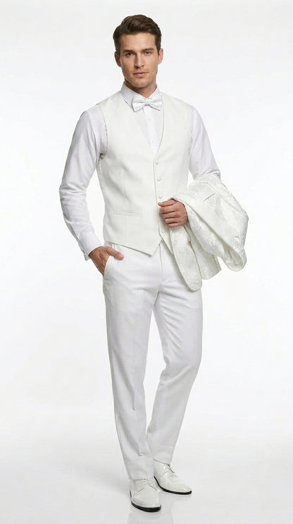 Men’s White Paisley Wedding Tuxedo with Groom Suit Jacket, Vest and Pants, Formal Dress Suit