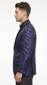 Mens Blue Paisley Jacquard Blazer – Luxury Pattern Tuxedo Dinner Jacket with Black Satin Lapel for Wedding, Prom With Bowtie