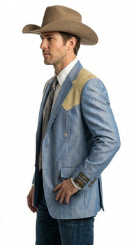 Men’s Steel - Light Blue and Bone Color Western Cowboy Blazer – Shiny Country Style Dress Jacket for Rodeo Saco De Hombre Vaquero