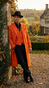 Men’s halloween Costume Orange Long Zoot Suit Set With Black Shirt and Black Pants included