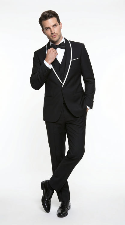 Men’s Black 1 Button Blazer with Shawl Lapel and White Trim, Formal Dinner Jacket Sport Coat