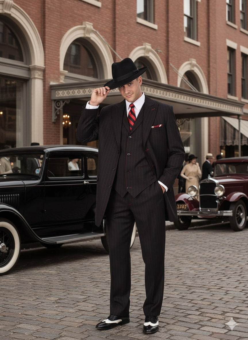 Mens Black and Red Pinstripe Zoot Suit 1920s Gangster Vintage