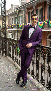 Mens Purple Shimmer Mardi Gras Suit with Black Satin Lapel – Shiny Metallic Formal Party and Carnival Suit Sequin Look