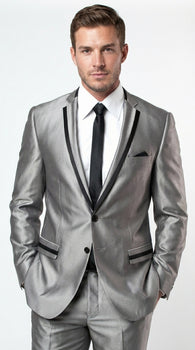 Men’s Silver Sharkskin Tuxedo Suit with Black Piping – Shiny Two Button Formal Suit for Wedding, Prom and Party Wear