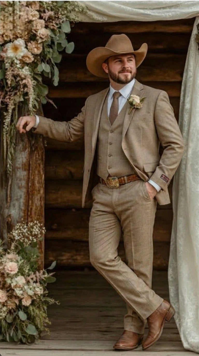 Mens Sharkskin Dark Taupe Tan with sheen Western 3 Piece Suit – Classic Country Style Blazer Vest Pants Set, Formal Cowboy Suit Outfit