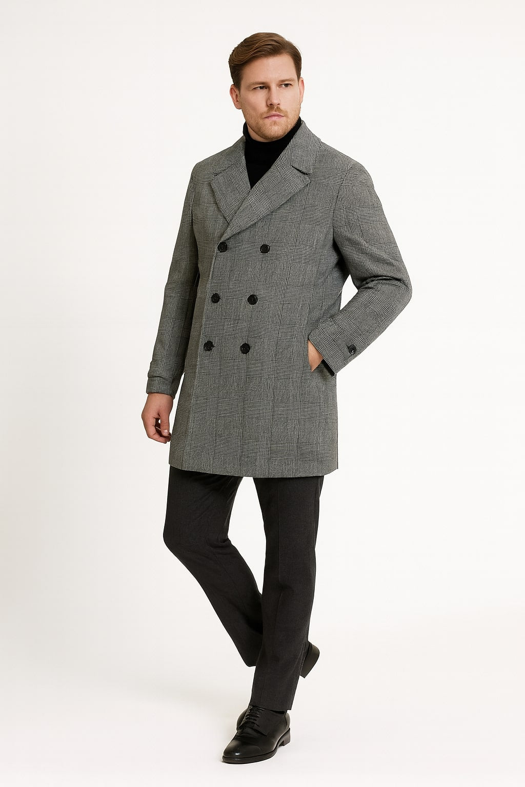 Mens Grey Plaid Double-Breasted Overcoat with Black Faux Fur Collar – Classic Winter Peacoat - Image 5