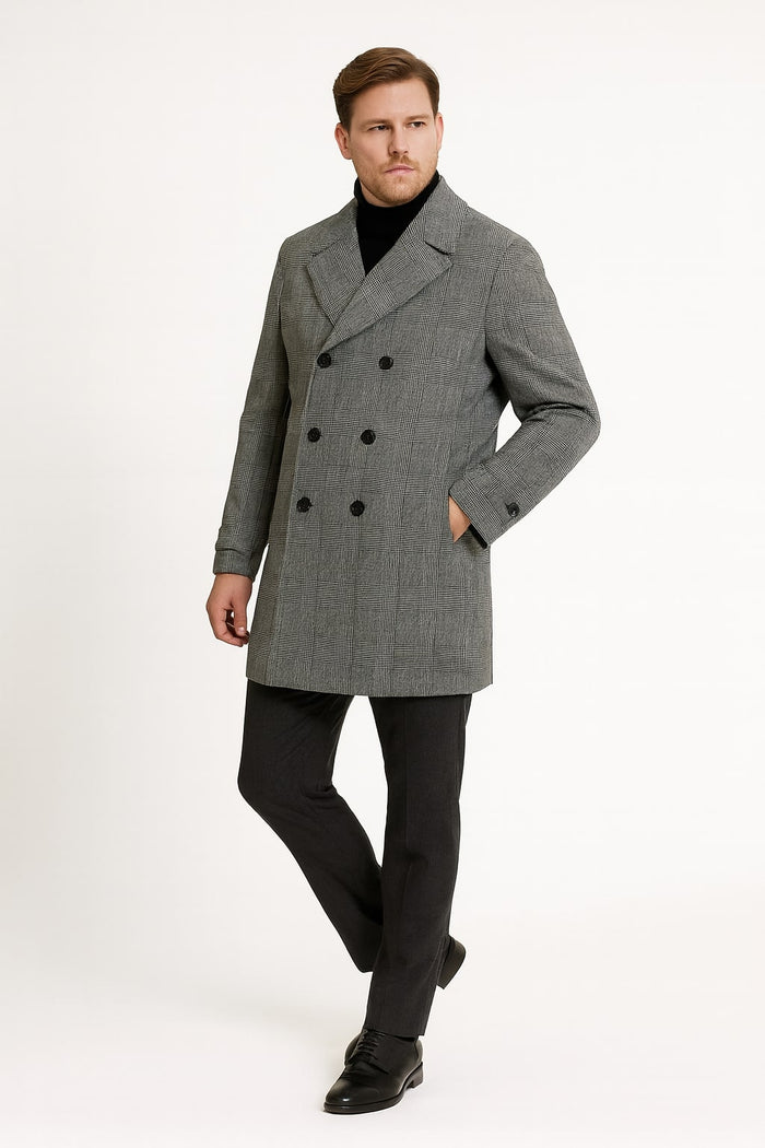 Mens Grey Plaid Double-Breasted Overcoat with Black Faux Fur Collar – Classic Winter Peacoat - Image 5