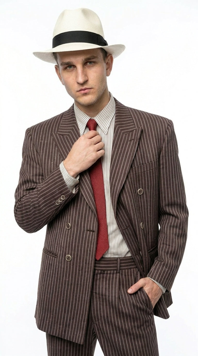 Men’s Brown Pinstripe Bonnie and Clyde Costume Suit – Vintage Gangster 1920s Outfit for Party, Halloween and Themed Events Modern Fit
