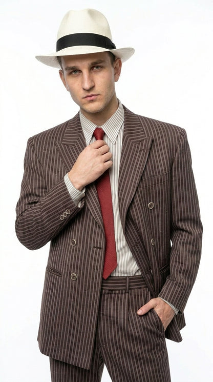 Men’s Brown Pinstripe Bonnie and Clyde Costume Suit – Vintage Gangster 1920s Outfit for Party, Halloween and Themed Events Modern Fit