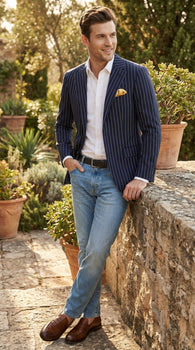 Mens Navy Blue Pinstripe Blazer – Classic Tailored Formal Jacket for Business, Office and Smart Casual Wear