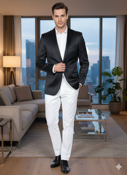 Men’s Black Satin Blazer – Classic Slim Fit Two-Button Formal Suit Jacket for Weddings, Parties, and Business Events