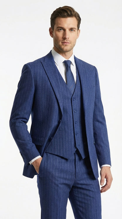 Men’s Cobalt Blue 3 Piece Suit – Indigo Light Blue Pinstripe Formal Suit with Vest for Wedding, Business Two buttons Modern Fit