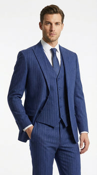 Men’s Cobalt Blue 3 Piece Suit – Indigo Light Blue Pinstripe Formal Suit with Vest for Wedding, Business Modern Fit Two buttons