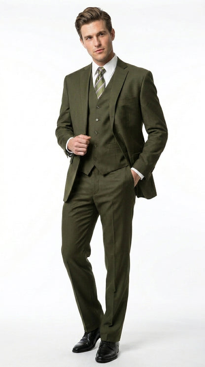 Men’s Olive 3 Piece Suit with Blazer, Vest and Pants, Formal Wedding Business Dress Suit